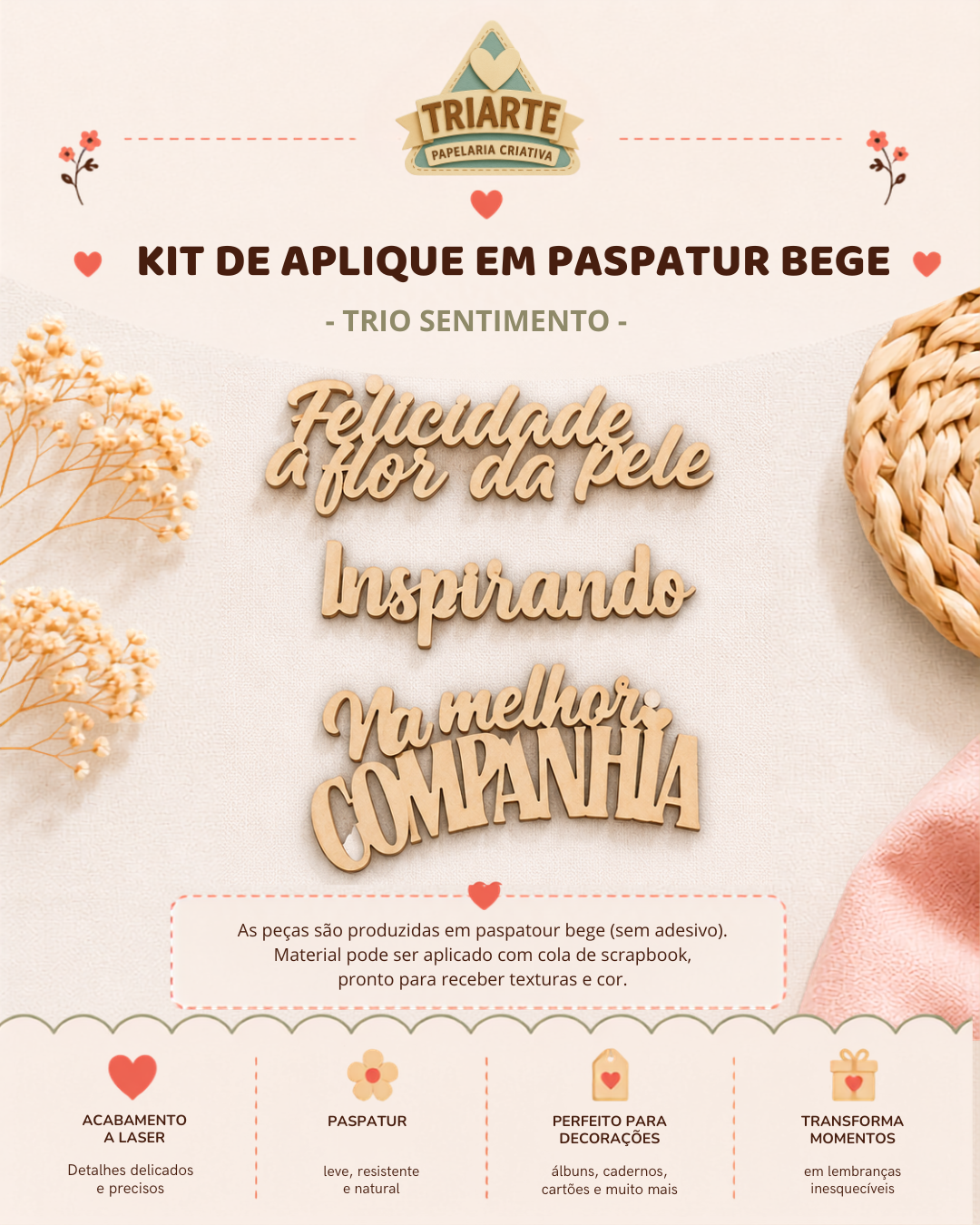 Kit de Aplique em Paspatur Bege (Trio Sentimento)