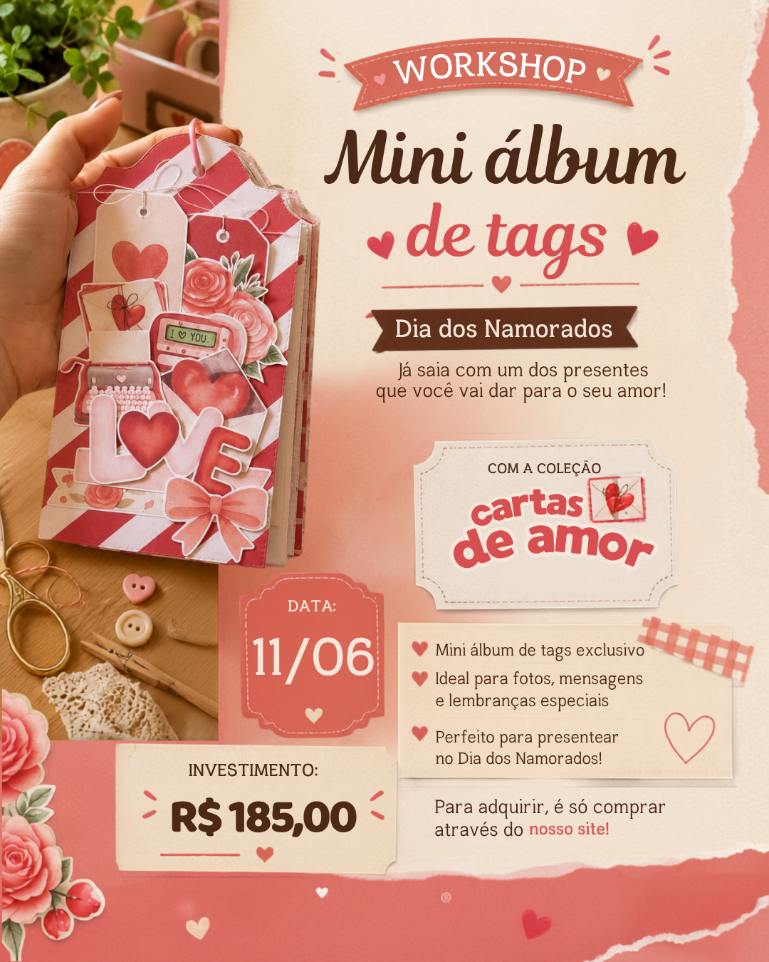 WORKSHOP PRESENCIAL — MINI ÁLBUM DE TAGS | DIA DOS NAMORADOS 💌