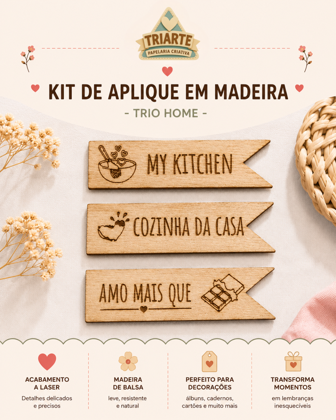 Kit de Aplique em Madeira - Trio Home