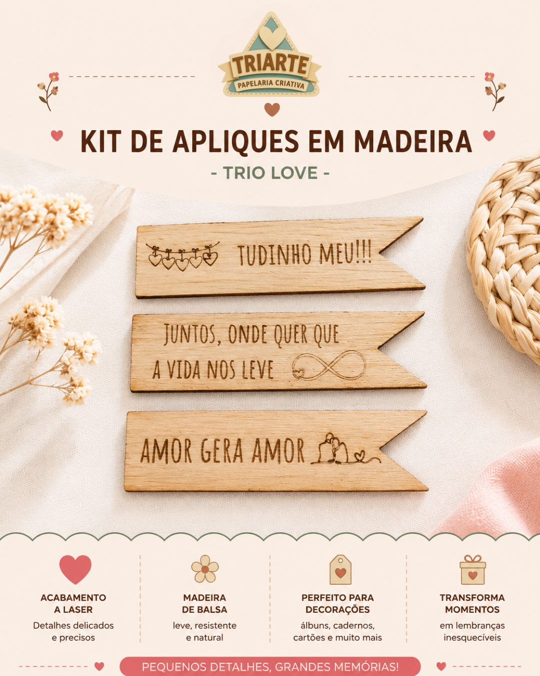 Kit de Aplique em Madeira - Trio Love